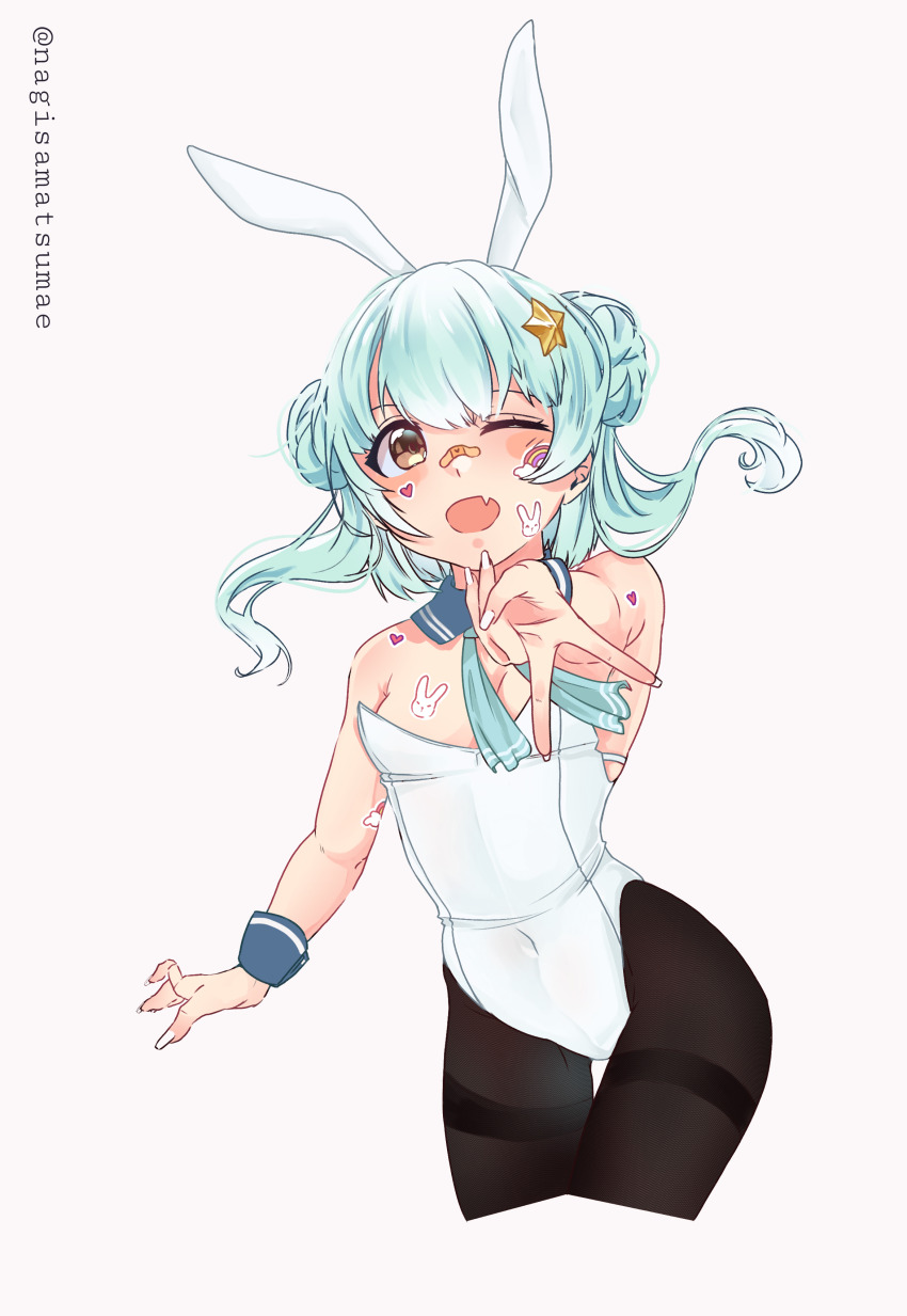 1girl, absurdres, aqua_hair, black_pantyhose, blush_stickers, brown_eyes, covered_navel, cowboy_shot