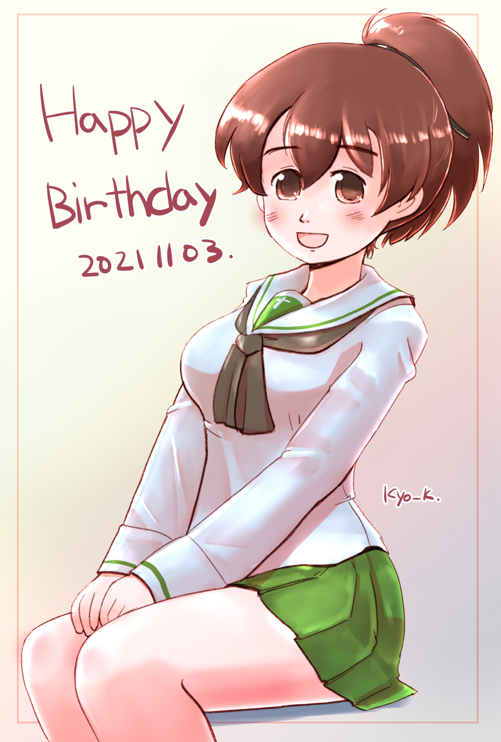 1girl, artist_name, black_neckerchief, black_ribbon, blouse, border, brown_border, brown_eyes