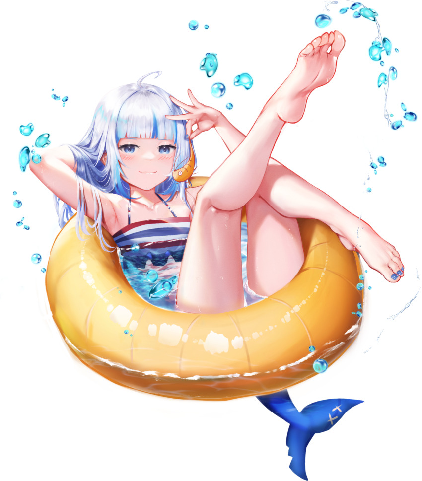 1girl, ahoge, arm_up, armpits, barefoot, bikini, blue_eyes, blue_nails, blunt_bangs, blurry, blush, closed_mouth, collarbone, commentary, ebi-chan_(gawr_gura), english_commentary, feet, fins, fish_tail, flat_chest, frills, gawr_gura, grey_hair, hand_up, highres, holding, hololive, hololive_english, innertube, knee_up, koukie, leg_up, legs, lens_flare, long_hair, looking_at_viewer, multicolored_hair, nail_polish, shark_girl, shark_tail, shiny_skin, shrimp, smile, soles, solo, splashing, streaked_hair, striped_bikini, striped_clothes, swim_ring, swimsuit, tail, toenail_polish, toenails, toes, transparent_background, virtual_youtuber, water