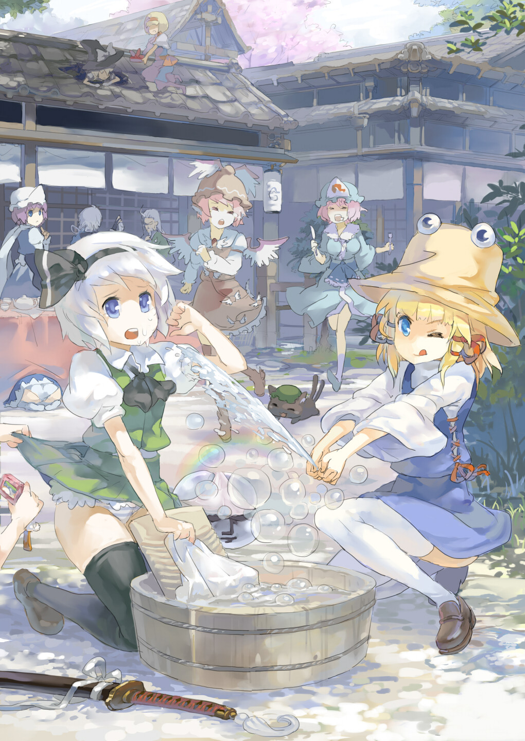 2boys, 6+girls, 77gl, alice_margatroid, animal_ears, black_thighhighs, blonde_hair, blue_eyes