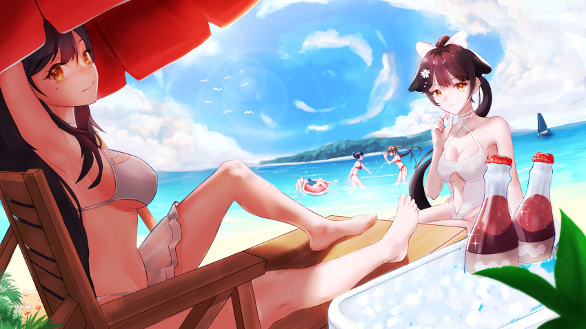 5girls, absurdres, arm_up, armpits, atago_(azur_lane), azur_lane, bare_legs, barefoot, beach, beach_umbrella, bikini, black_choker, blue_hair, blue_one-piece_swimsuit, blurry, blurry_foreground, bottle, bow, breasts, brown_eyes, brown_hair, choker, closed_mouth, clothing_cutout, cloud, cloudy_sky, commentary, day, english_commentary, feet, flower, foreshortening, frills, full_body, grey_hair, hair_bow, hair_flower, hair_ornament, hand_up, hands_up, highres, innertube, knee_up, koukie, laffey_(azur_lane), large_breasts, legs, lens_flare, long_hair, looking_at_viewer, lying, medium_breasts, mole, mole_under_eye, multiple_girls, navel_cutout, ning_hai_(azur_lane), on_back, one-piece_swimsuit, outdoors, ping_hai_(azur_lane), ponytail, purple_bikini, red_bikini, shadow, sidelocks, sitting, sky, smile, soda_bottle, splashing, swim_ring, swimsuit, takao_(azur_lane), toenails, toes, twintails, umbrella, underboob, wading, white_bikini, white_bow, white_one-piece_swimsuit, yellow_eyes