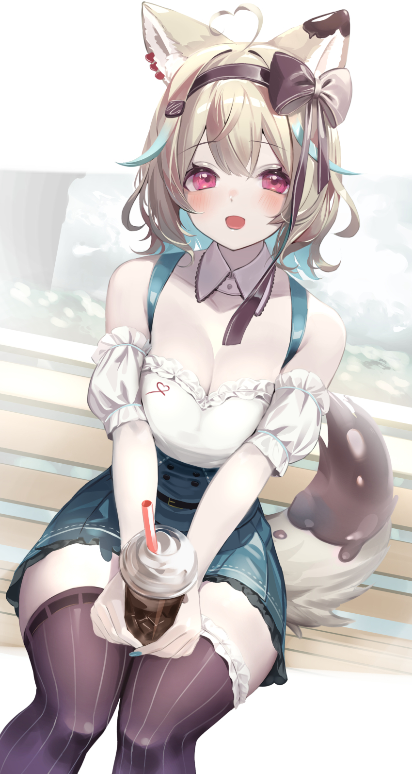 1girl, absurdres, ahoge, amakami_konomi, animal_ears, asymmetrical_legwear, blush, bow