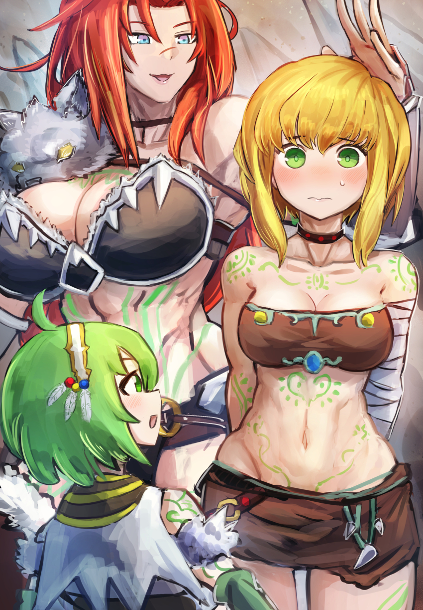 3girls, abs, absurdres, ahoge, alternate_costume, arm_tattoo, arms_behind_back, bandaged_arm, bandages, bare_shoulders, bikini, black_bikini, black_choker, blonde_hair, blue_eyes, blush, breasts, brown_skirt, brown_tube_top, capelet, chest_tattoo, choker, cleavage, closed_mouth, collarbone, commentary_request, commission, duel_monster, fur_trim, green_eyes, green_hair, groin, hair_between_eyes, hairband, hatano_kiyoshi, highres, large_breasts, leg_tattoo, looking_at_another, looking_at_viewer, medium_breasts, midriff, miniskirt, multiple_girls, navel, nose_blush, open_mouth, partial_commentary, pelt, pixiv_commission, red_hair, rookie_warrior_lady, scar, scar_on_face, scar_on_nose, short_hair_with_long_locks, sidelocks, skirt, smile, standing, stomach_tattoo, strapless, sweat, swimsuit, tattoo, tube_top, vambraces, war_rock_skyler, war_rock_wento, warrior_lady_of_the_wasteland, white_capelet, white_hairband, yu-gi-oh!