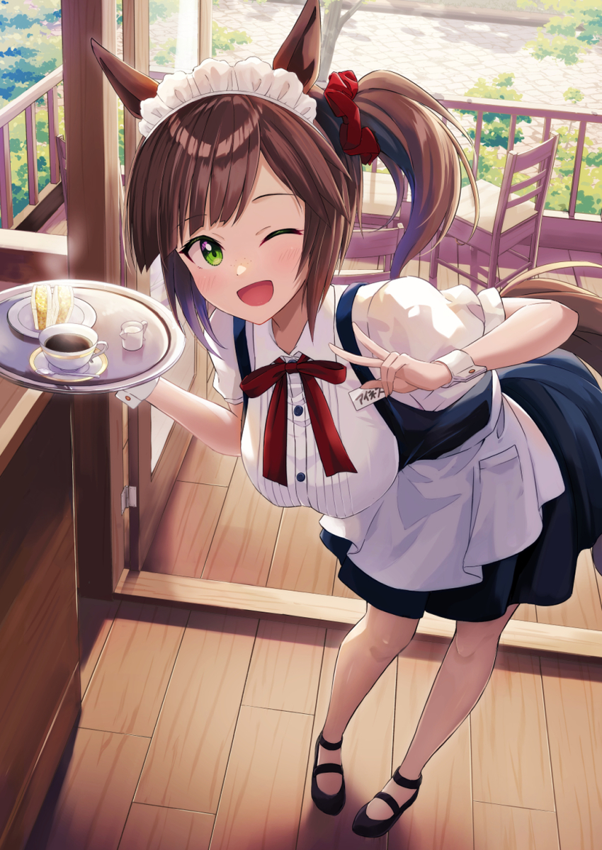 alternate_costume, animal_ears, bent_over, breasts, chair, coffee, commentary_request, cup