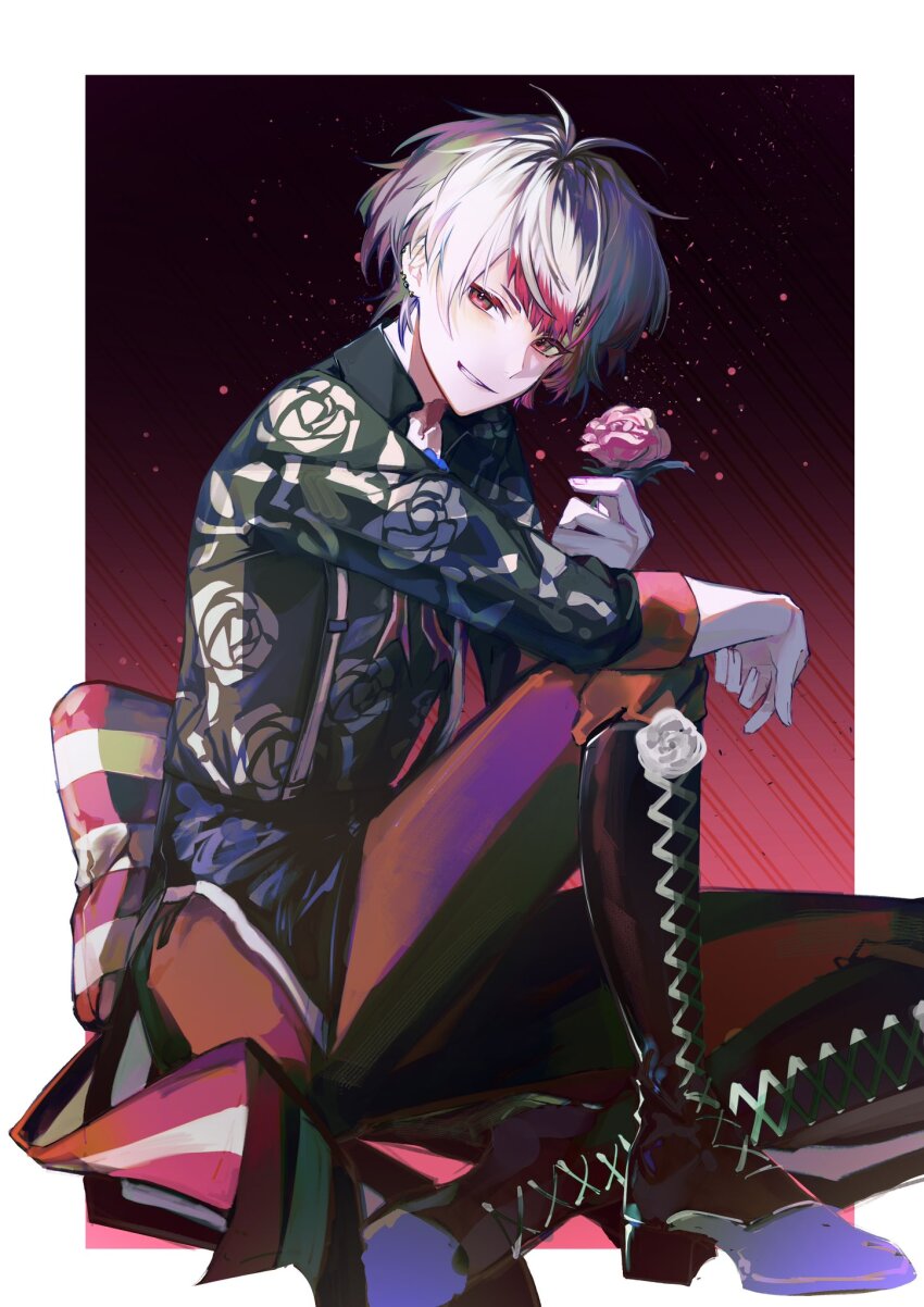 1boy, akegarasuayu, akuma_shitsuji_to_kuroi_neko, ammon_lead, black_background, boots, border, brown_boots, ear_piercing, floral_print, flower, gradient_background, highres, holding, holding_flower, long_sleeves, looking_at_viewer, male_focus, multicolored_background, multicolored_hair, pants, piercing, pink_eyes, pink_flower, pink_hair, pink_rose, purple_hair, red_background, red_pants, rose, short_hair, smile, solo, suspenders, teeth, white_border, white_hair