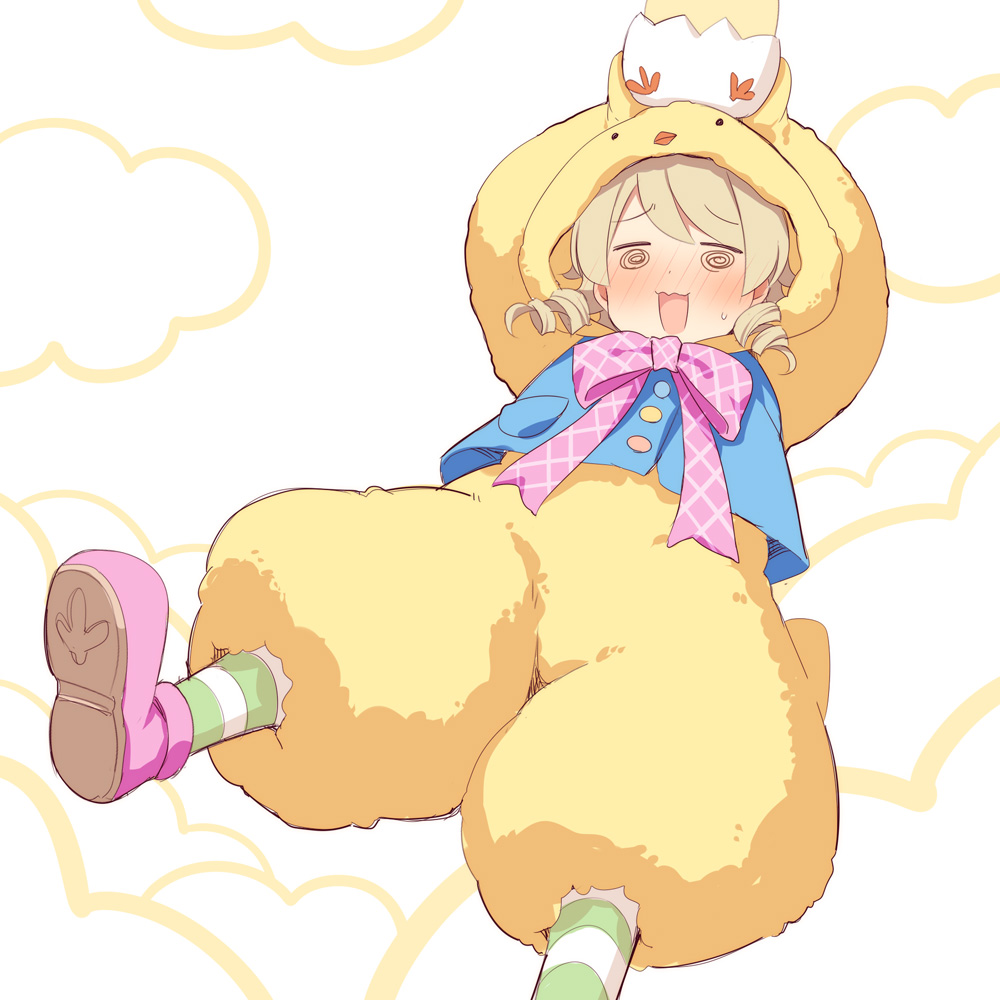 1girl, @_@, arms_up, blue_vest, blush, bow, bowtie, buttons