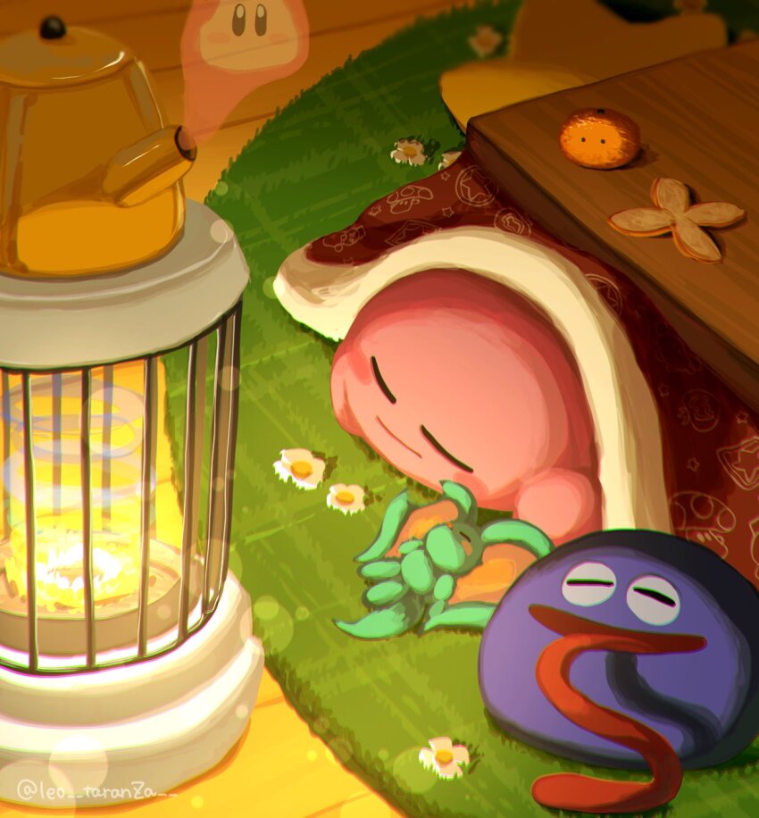 animal_ears, blue_skin, blush_stickers, colored_skin, elfilin, flower, gooey_(kirby), highres, kirby, kirby_(series), kotatsu, leo_taranza, mikarin_(kirby), mouse_ears, nintendo, no_humans, notched_ear, pink_skin, rug, sleeping, star_(symbol), table, tail, tongue, tongue_out, under_kotatsu, under_table, wapod, white_flower