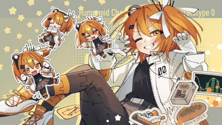 1girl, :3, a.i._voice, adachi_rei, belt, black_belt, black_leggings, black_shirt, blush, bread, burnt_food, cassette_player, character_name, chestnut_mouth, chibi, chibi_inset, claw_pose, closed_eyes, commentary_request, drop_shadow, english_text, gloves, grey_skirt, grin, hair_ornament, hair_ribbon, hairclip, half-closed_eye, halftone, halftone_background, hands_up, headlamp, jacket, knees_up, leggings, loaf_of_bread, long_sleeves, looking_at_viewer, medaka_h2, multiple_views, netsu_ijou_(utau), one_eye_closed, one_side_up, open_clothes, open_jacket, orange_eyes, orange_hair, outline, pan_kogekoge_ni_nacchatta_(utau), reclining, ribbon, romaji_text, shirt, shirt_tucked_in, shoes, skirt, smile, sneakers, star_(symbol), utau, v-shaped_eyebrows, white_gloves, white_jacket, white_outline, white_ribbon