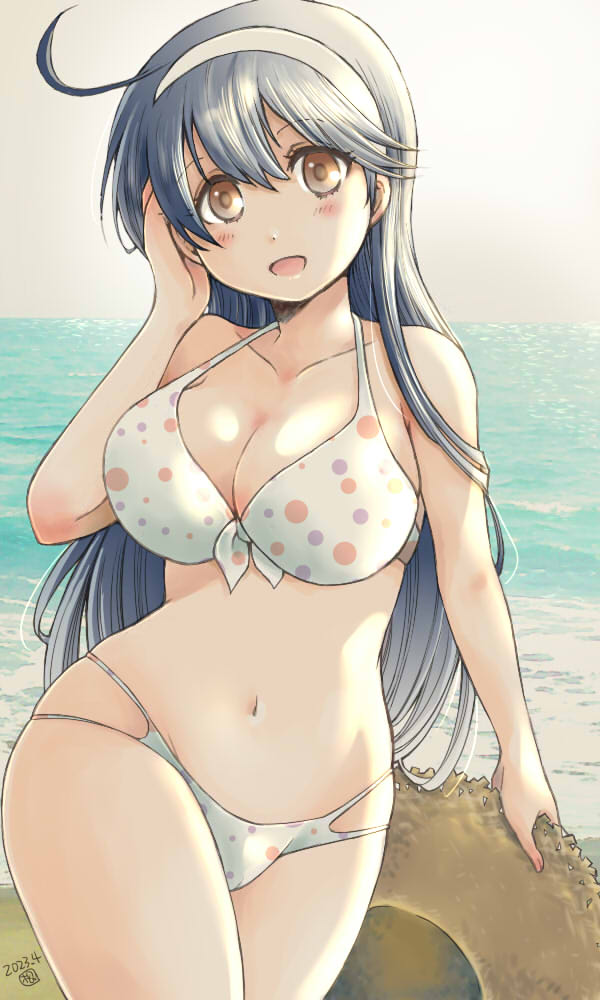 1girl, ahoge, beach, bikini, blue_hair, blush, breasts, brown_eyes