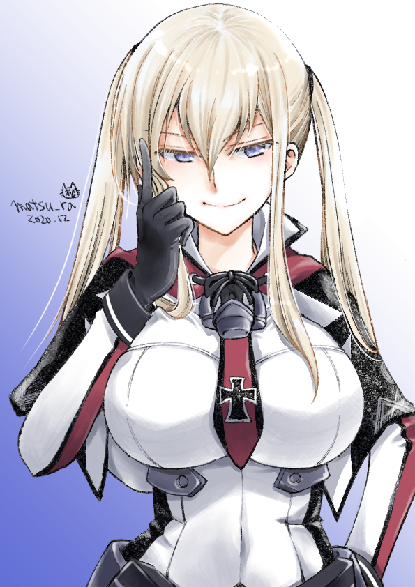1girl, between_breasts, black_gloves, blonde_hair, breasts, capelet, cross, dated, gloves, graf_zeppelin_(kancolle), hair_between_eyes, index_finger_raised, iron_cross, kantai_collection, large_breasts, long_hair, long_sleeves, looking_at_viewer, matsuura@parao, military, military_uniform, necktie, necktie_between_breasts, purple_eyes, sidelocks, signature, simple_background, solo, twintails, upper_body