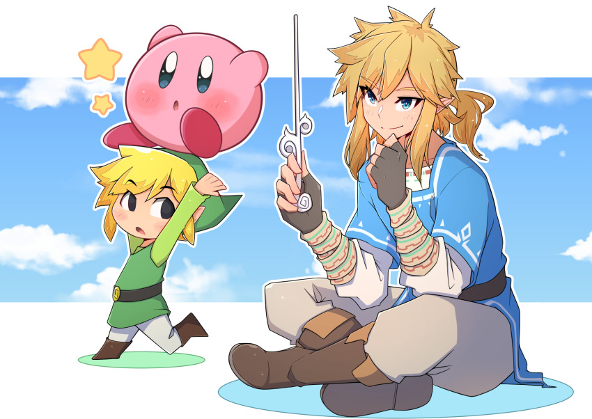 3boys, belt, black_eyes, blonde_hair, blue_eyes, blue_skirt, boots, brown_footwear