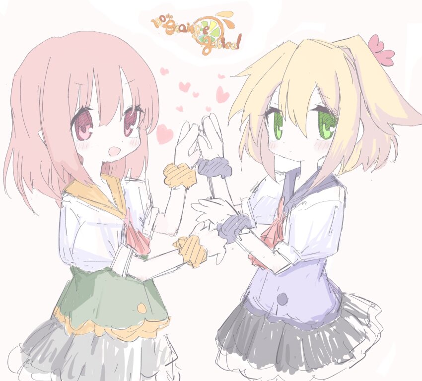 100%_orange_juice, 2girls, black_skirt, blonde_hair, blush, closed_mouth, green_eyes, grey_skirt, heart, highres, logo, long_hair, multiple_girls, open_mouth, puffy_short_sleeves, puffy_sleeves, red_eyes, red_hair, reitoubeef, scrunchie, sham_(orange_juice), short_hair, short_sleeves, simple_background, sketch, skirt, sora_(orange_juice), wrist_scrunchie