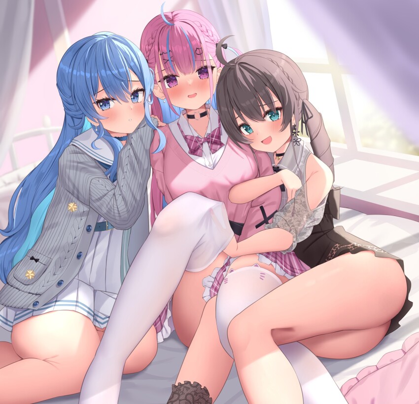 3girls, ahoge, black_choker, blue_eyes, blue_hair, blush, braid, breasts