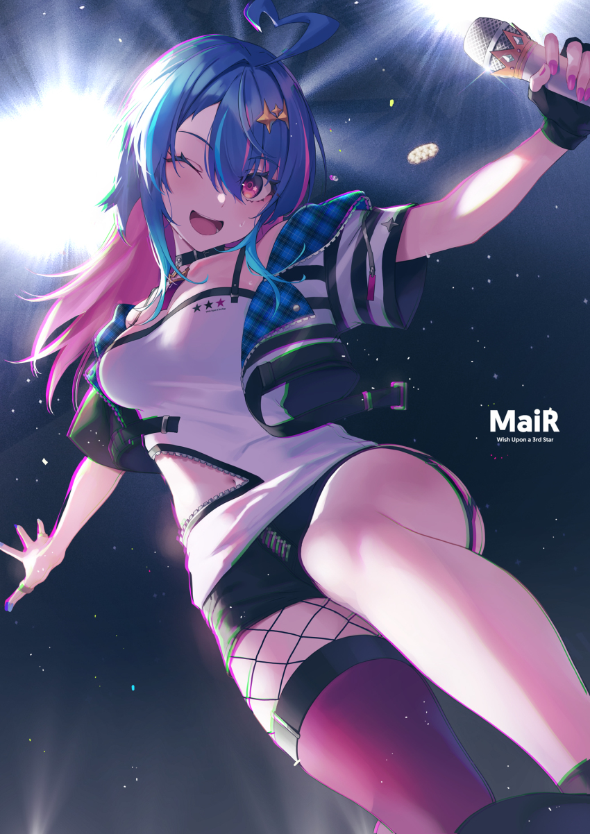 1girl, ;d, ahoge, alive_musix, asymmetrical_legwear, black_choker, black_gloves, black_shorts