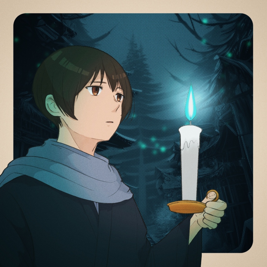 1boy, axis_powers_hetalia, blue_fire, border, brown_eyes, brown_hair, candle, candlelight