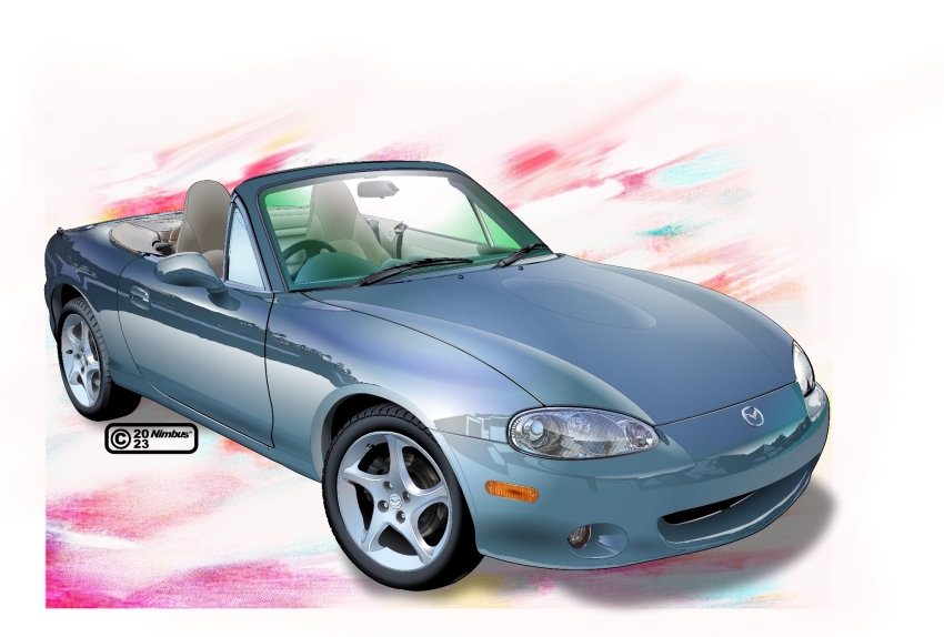 artist_name, car, convertible, dated, eunos_roadster, grey_car, highres, mazda