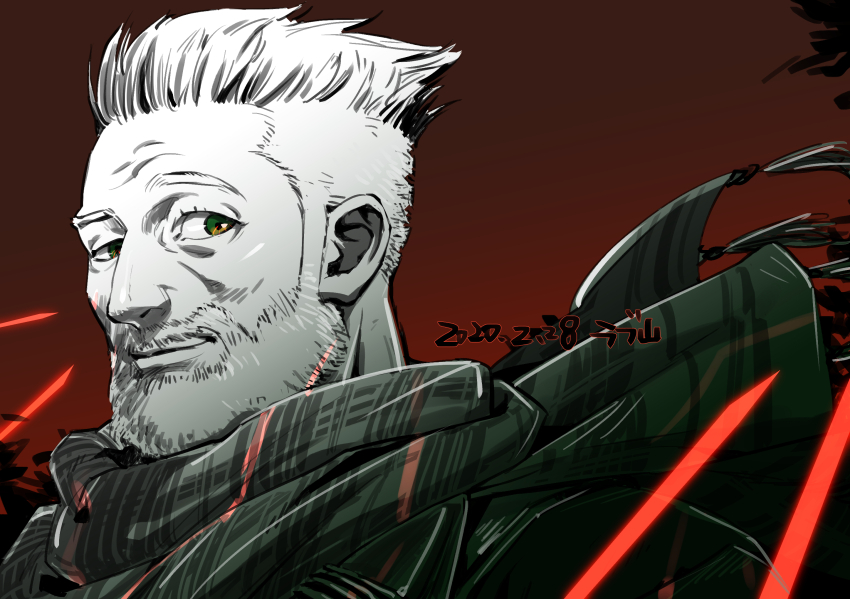 1boy, beard, facial_hair, fate/grand_order, fate_(series), from_side, gradient_background, green_eyes