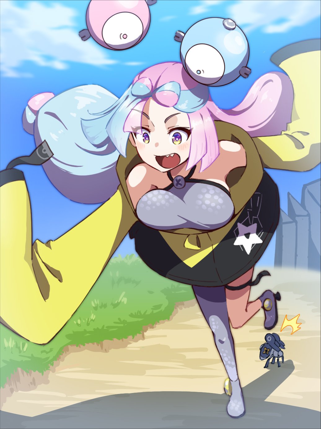 1girl, ^^^, alternate_breast_size, blush, boots, breasts, cloud, commentary_request