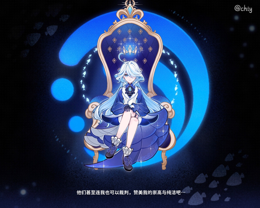 1girl, ahoge, asymmetrical_gloves, black_gloves, blue_eyes, blue_hair, blue_shirt, brooch