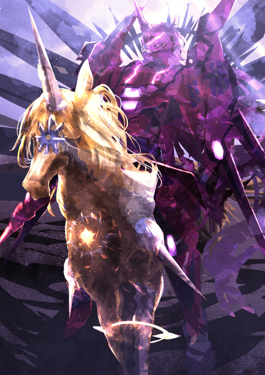 1boy, absurdres, armor, asaki_(asaki_vision), duel_monster, full_armor, full_body, glowing, halo, highres, horns, kashtira_unicorn, knightmare_unicorn, lance, light, name_connection, polearm, red_armor, riding, unicorn, weapon, yu-gi-oh!