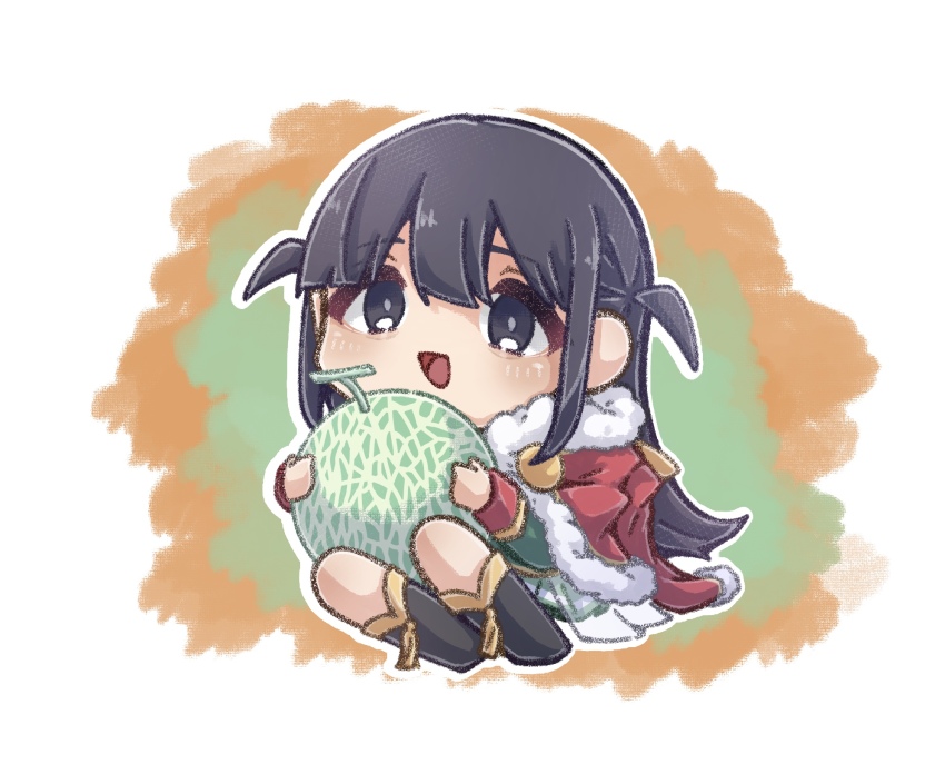 1girl, :d, black_boots, black_eyes, black_hair, blunt_bangs, boots, cantaloupe