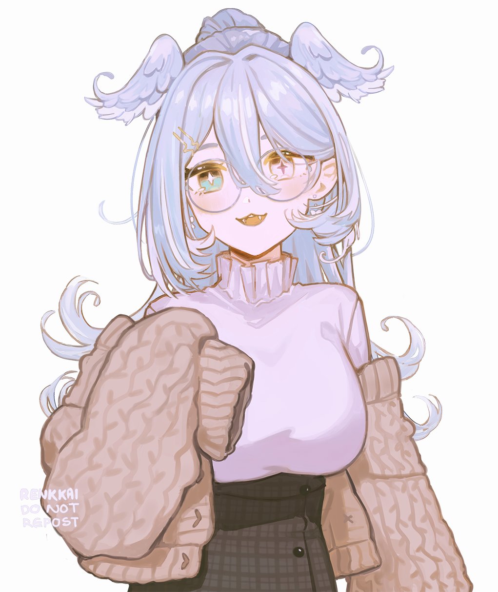 1girl, black_skirt, blue_eyes, blue_hair, blue_wings, brown_cardigan, cardigan, elira_pendora