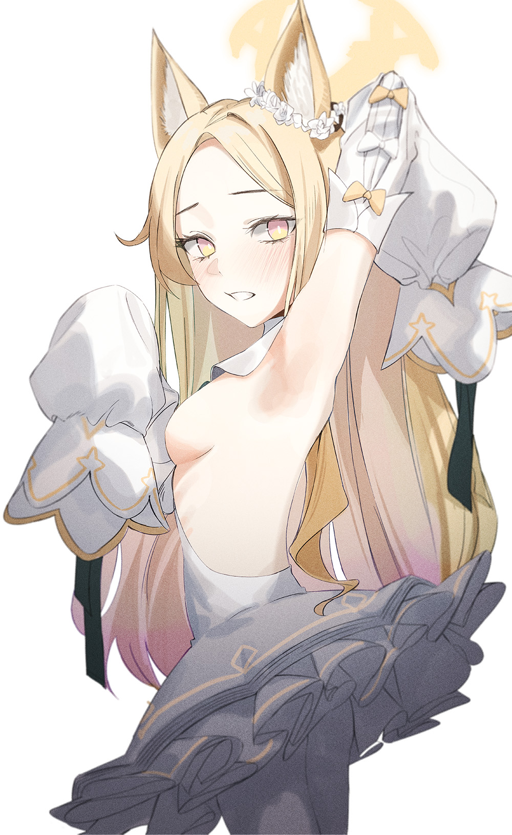 1girl, animal_ears, armpits, arms_up, bare_shoulders, blonde_hair, blue_archive, breasts, commentary, dress, fox_ears, halo, highres, kangshi, looking_at_viewer, multicolored_hair, pantyhose, seia_(blue_archive), sideboob, solo, strapless, strapless_dress, white_background, white_pantyhose