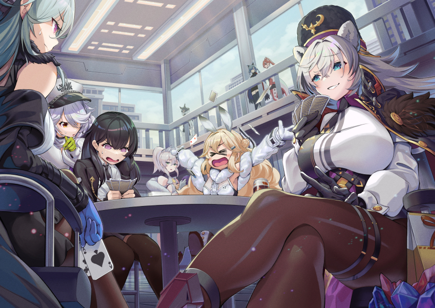 >_<, 6+girls, @_@, ace_(playing_card), ace_of_spades, aiken_(echocalypse), animal_ears, black_hair