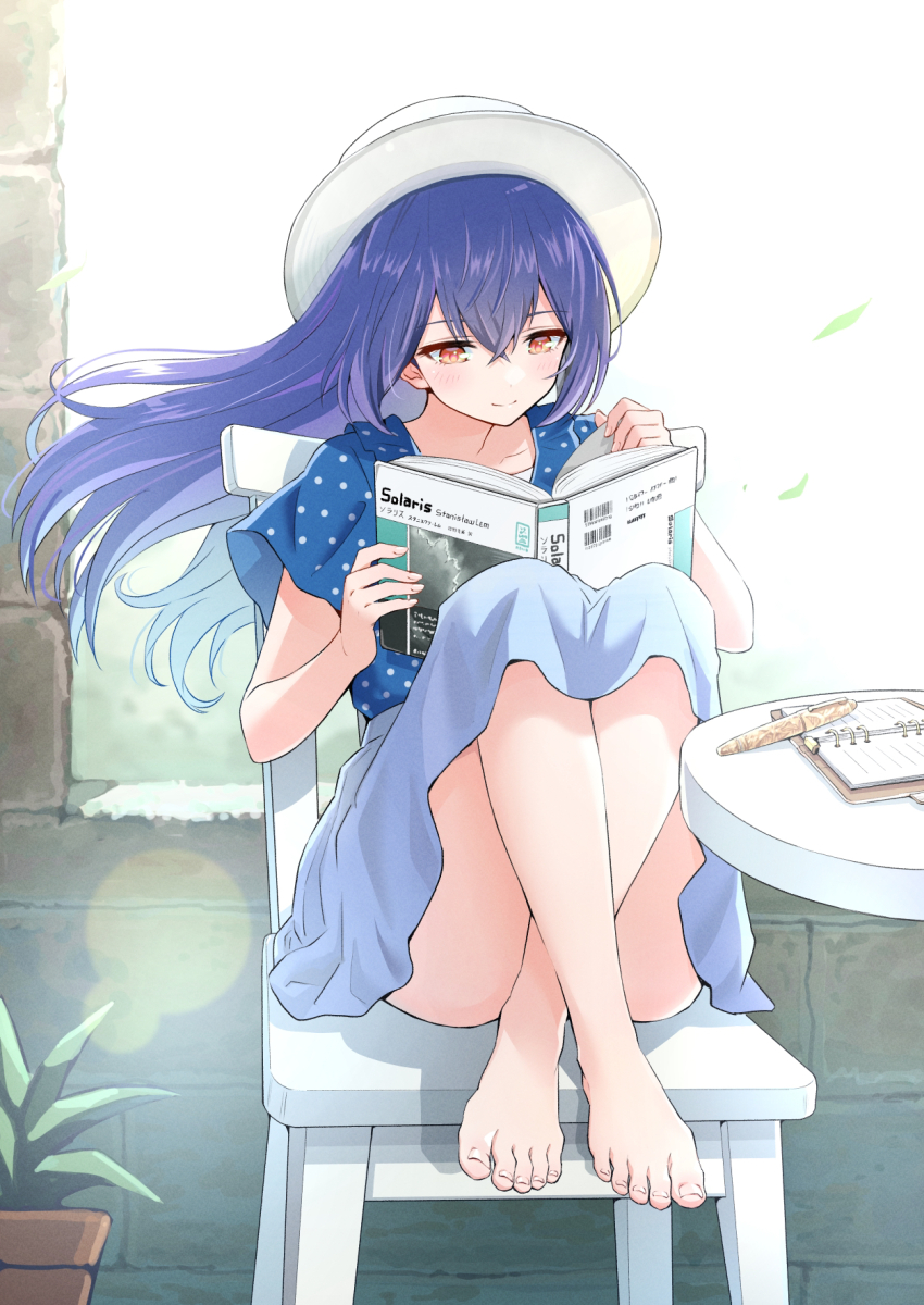 1girl, bare_legs, barefoot, blue_hair, blue_shirt, blue_skirt, blush, book