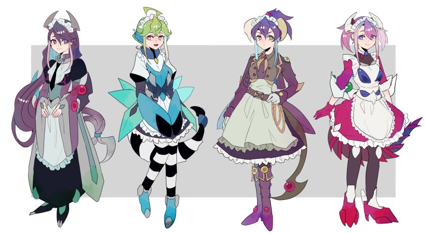 4girls, absurdres, ahoge, apron, belt, black_necktie, blue_eyes, boots, bracelet_girls, colored_eyelashes, cosplay, crystal_wing_synchro_dragon, crystal_wing_synchro_dragon_(cosplay), dark_rebellion_xyz_dragon, dark_rebellion_xyz_dragon_(cosplay), dragon_horns, dragon_tail, dress, frilled_apron, frills, full_body, gloves, gradient_hair, green_eyes, green_hair, highres, hiiragi_yuzu, horns, kurosaki_ruri, long_hair, long_sleeves, maid_apron, maid_headdress, multicolored_hair, multiple_girls, necktie, odd-eyes_pendulum_dragon, odd-eyes_pendulum_dragon_(cosplay), orange_eyes, own_hands_together, pantyhose, pink_hair, pout, purple_eyes, purple_hair, rin_(yu-gi-oh!), serena_(yu-gi-oh!), short_sleeves, smile, starving_venom_fusion_dragon, starving_venom_fusion_dragon_(cosplay), striped_clothes, striped_pantyhose, tail, teketeke_(tasutekete), two-tone_hair, wide_sleeves, yellow_eyes, yu-gi-oh!, yu-gi-oh!_arc-v