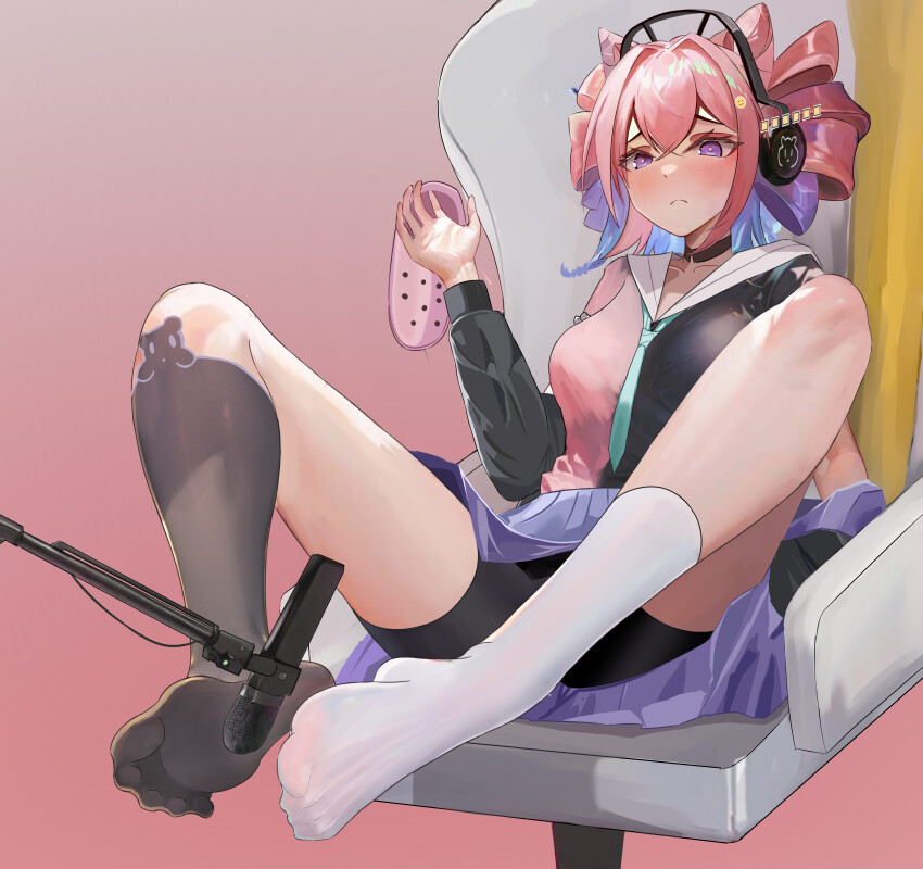 1girl, absurdres, arknights, bike_shorts, blush, bm_(bm364364), chair, feet