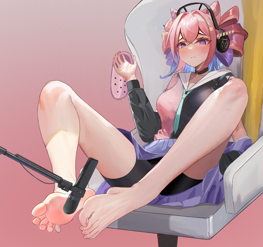 1girl, absurdres, arknights, barefoot, bike_shorts, blush, bm_(bm364364), chair