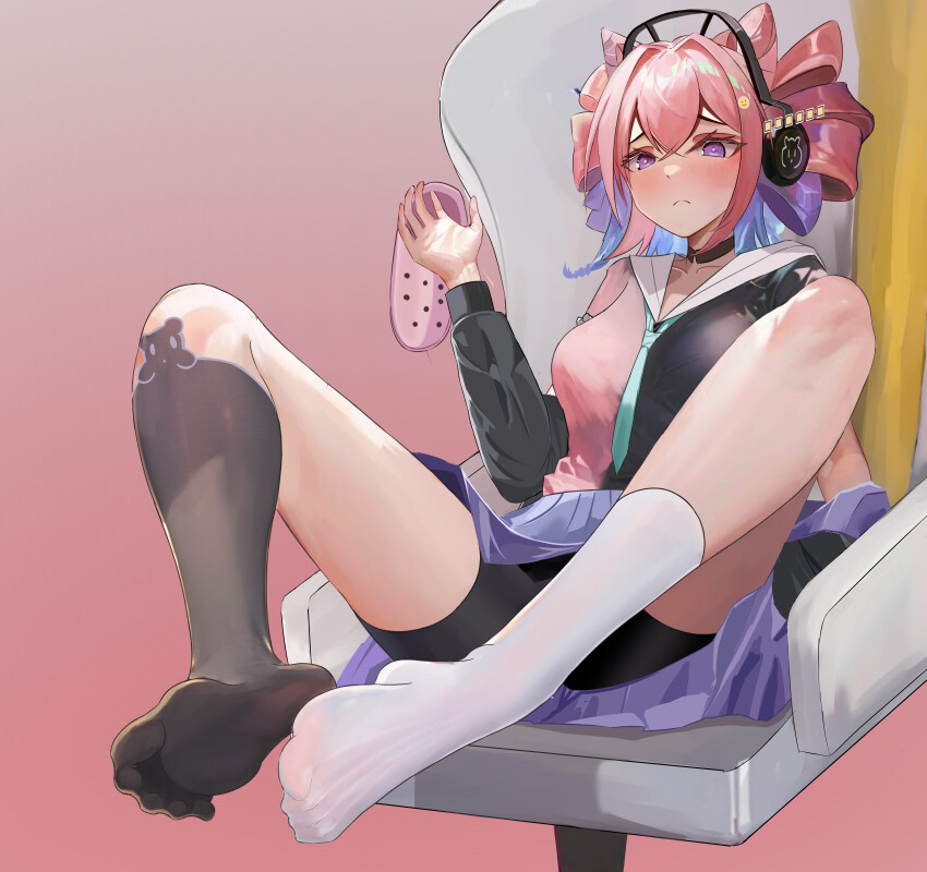 1girl, absurdres, arknights, bike_shorts, blush, bm_(bm364364), chair, feet