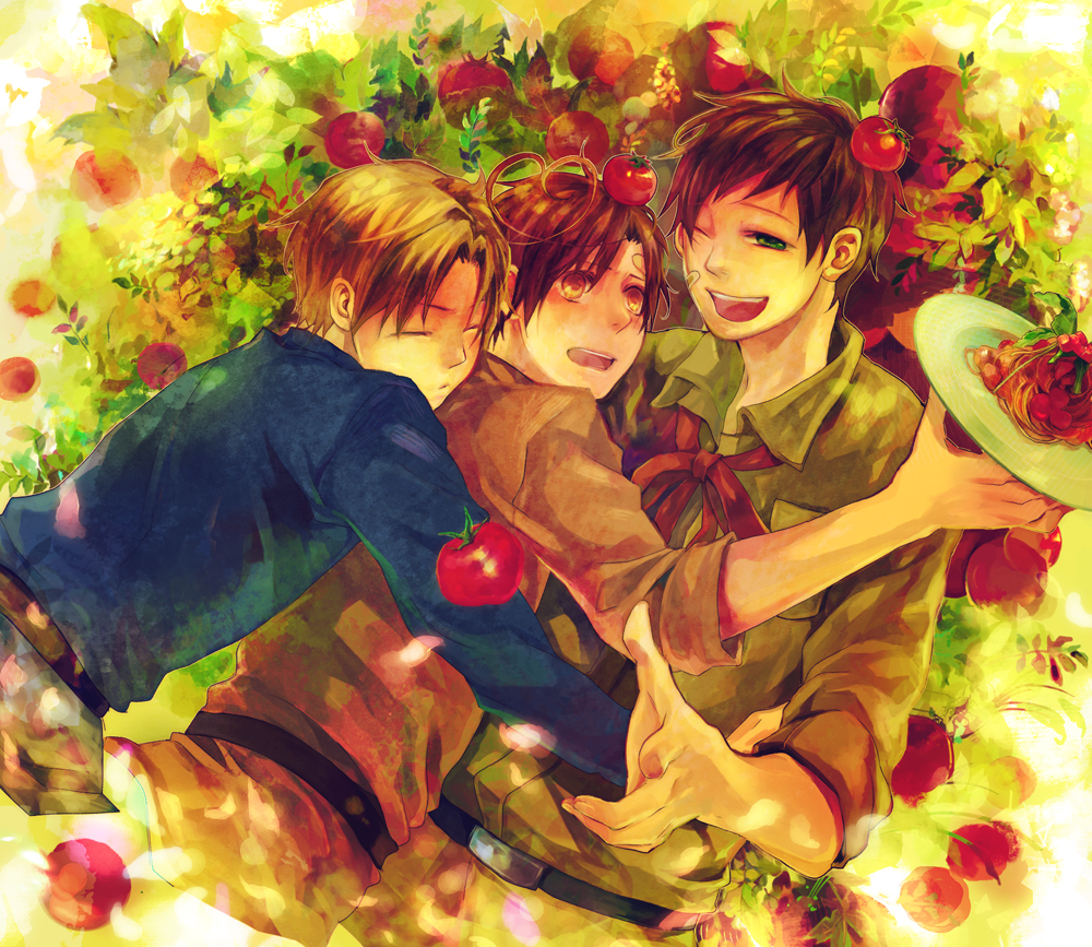 3boys, ahoge, axis_powers_hetalia, bad_id, bad_pixiv_id, bandaid, brothers, brown_hair