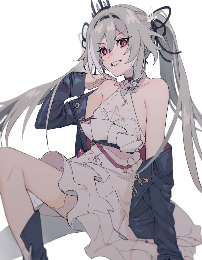 1girl, alternate_costume, arm_support, bare_legs, bare_shoulders, black_footwear, black_headwear, black_jacket, black_sleeves, breasts, dress, feet_out_of_frame, hand_on_own_shoulder, herrscher_of_sentience, herrscher_of_sentience_(turn_up_the_music!), highres, honkai_(series), honkai_impact_3rd, jacket, long_hair, long_sleeves, multicolored_hair, open_clothes, open_jacket, parted_lips, red_eyes, siibakun, simple_background, sitting, small_breasts, smile, solo, streaked_hair, teeth, twintails, v-shaped_eyebrows, very_long_hair, white_background, white_dress, yellow_pupils