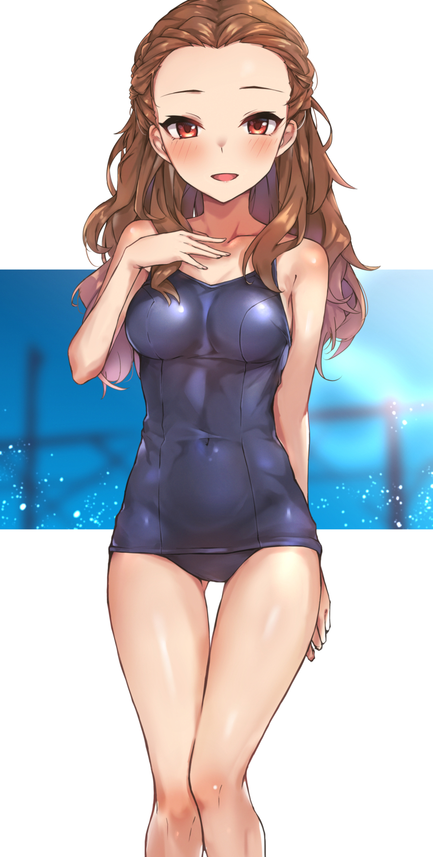 1girl, absurdres, arm_at_side, blue_one-piece_swimsuit, blurry, blurry_background, blush, braid