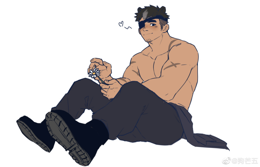 1boy, absurdres, animal_ears, bara, bear_ears, eyepatch, facial_hair, flower