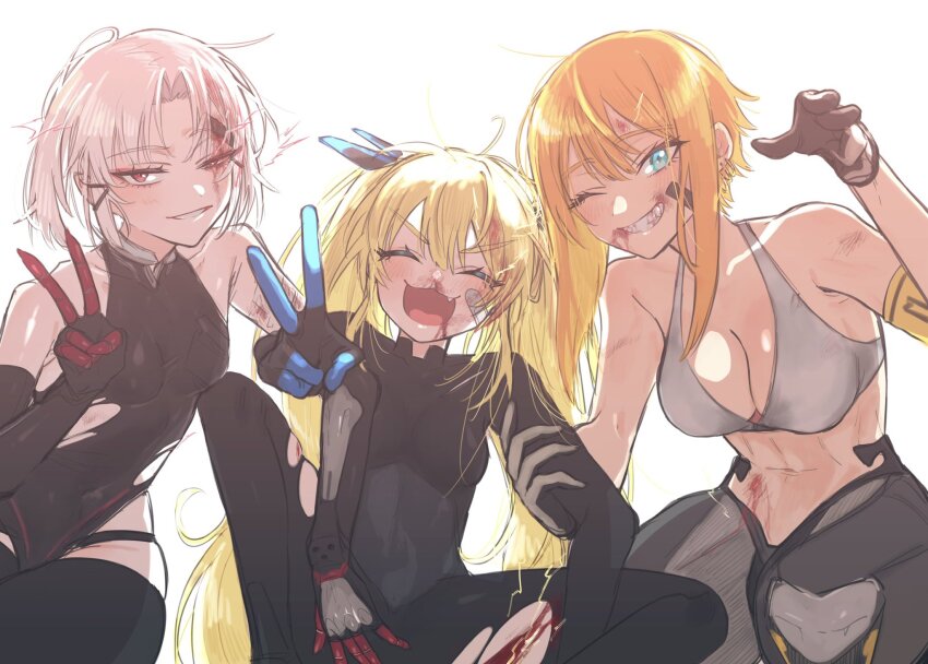 3girls, :3, ahoge, armband, bandaid, bandaid_on_cheek, bandaid_on_face, bare_shoulders, black_bodysuit, black_gloves, black_leotard, black_thighhighs, blonde_hair, blood, blood_from_mouth, blood_on_face, blue_eyes, bodysuit, breasts, cleavage, closed_mouth, collarbone, commentary_request, covered_collarbone, drake_(nikke), ear_piercing, elbow_gloves, fang, gloves, goddess_of_victory:_nikke, grey_sports_bra, grin, hair_between_eyes, hair_ornament, hairclip, highleg, highleg_leotard, highres, jewelry, laplace_(nikke), leotard, long_hair, looking_at_viewer, maxwell_(nikke), mechanical_legs, medium_breasts, midriff, multiple_girls, navel, nikumanman, missing_headwear, nosebleed, one_eye_closed, open_mouth, parted_bangs, piercing, red_eyes, short_hair, short_hair_with_long_locks, sidelocks, simple_background, sitting, small_breasts, smile, sports_bra, squatting, teeth, thighhighs, torn_bodysuit, torn_clothes, torn_leotard, twintails, two-tone_gloves, v, white_background, white_hair