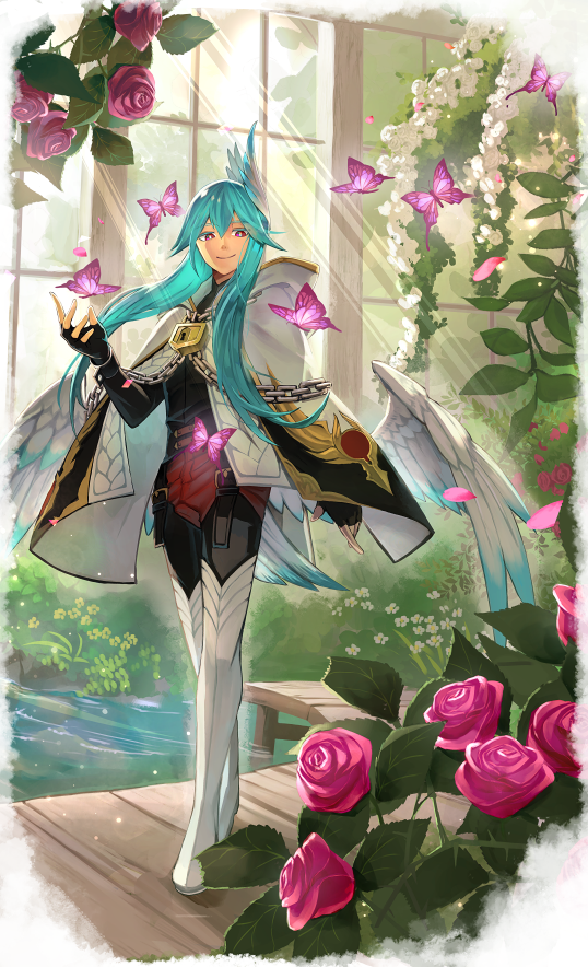 1boy, aqua_hair, aqua_wings, black_gloves, black_jacket, boots, border, bright_pupils