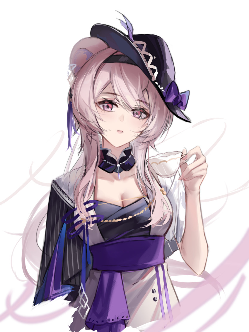 1girl, alternate_costume, animal_ears, arknights, arm_behind_back, black_hat, black_hoodie, breasts, cleavage, cup, detached_collar, grey_skirt, hat, highres, holding, holding_cup, hood, hoodie, lin_(arknights), lin_(ipstar)_(arknights), long_hair, looking_at_viewer, medium_breasts, mouse_ears, parted_lips, pink_hair, purple_eyes, shokuyou_koori, simple_background, skirt, solo, teacup, tilted_headwear, upper_body, white_background