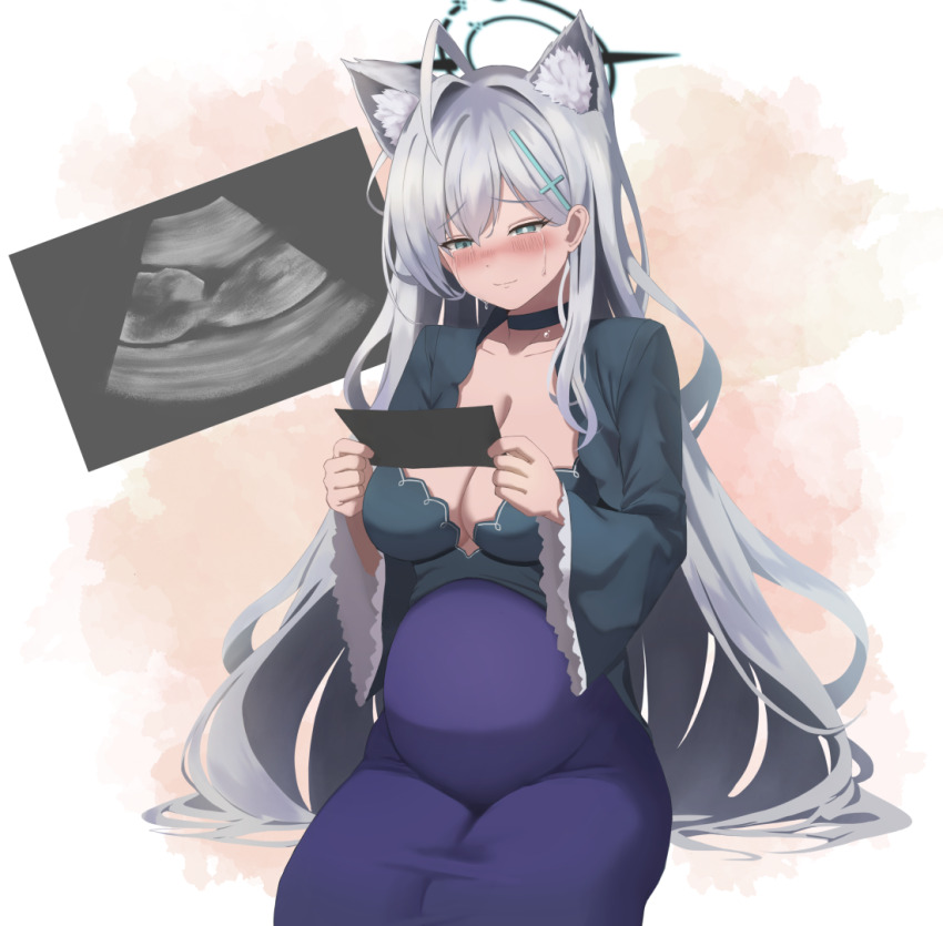 1girl, adapted_costume, ahoge, alternate_costume, animal_ear_fluff, animal_ears, big_belly, black_choker, blue_archive, blue_eyes, blush, breasts, broken_halo, choker, cleavage, collarbone, commentary_request, crying, crying_with_eyes_open, grey_hair, hair_between_eyes, halo, happy_tears, holding, holding_paper, large_breasts, long_hair, long_sleeves, looking_away, mismatched_pupils, nowheresoul, paper, pregnant, reading, shiroko_terror_(blue_archive), sidelocks, simple_background, sitting, smile, solo, tears, ultrasound, wide_sleeves, wolf_ears, wolf_girl, x-ray_film