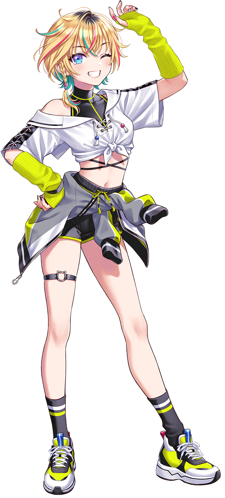 1girl, bare_shoulders, black_socks, clothes_around_waist, crop_top, detached_sleeves, fingerless_gloves, full_body