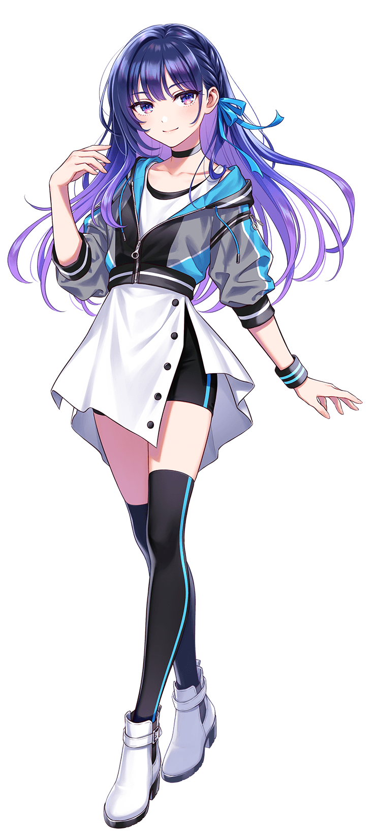 1girl, bike_shorts, black_thighhighs, boots, full_body, gradient_hair, hair_ribbon, high_heel_boots