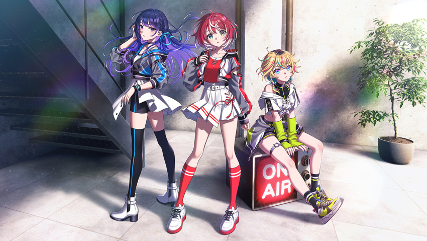 3girls, aqua_eyes, black_socks, black_thighhighs, blonde_hair, blue_eyes, boots, full_body