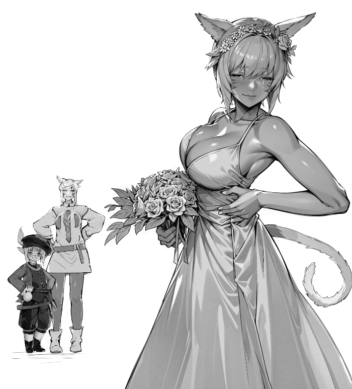 3girls, animal_ears, bouquet, breasts, cat_ears, cat_tail, cleavage, closed_eyes, commentary, crying, english_commentary, facial_mark, final_fantasy, final_fantasy_xiv, flower, greyscale, hands_on_own_hips, hat, headband, holding, holding_bouquet, jamjamstyle, lalafell, large_breasts, miqo'te, monochrome, multiple_girls, pointy_ears, short_hair, siblings, sisters, tail, tataru_taru, whisker_markings, white_background, y'mhitra_rhul, y'shtola_rhul