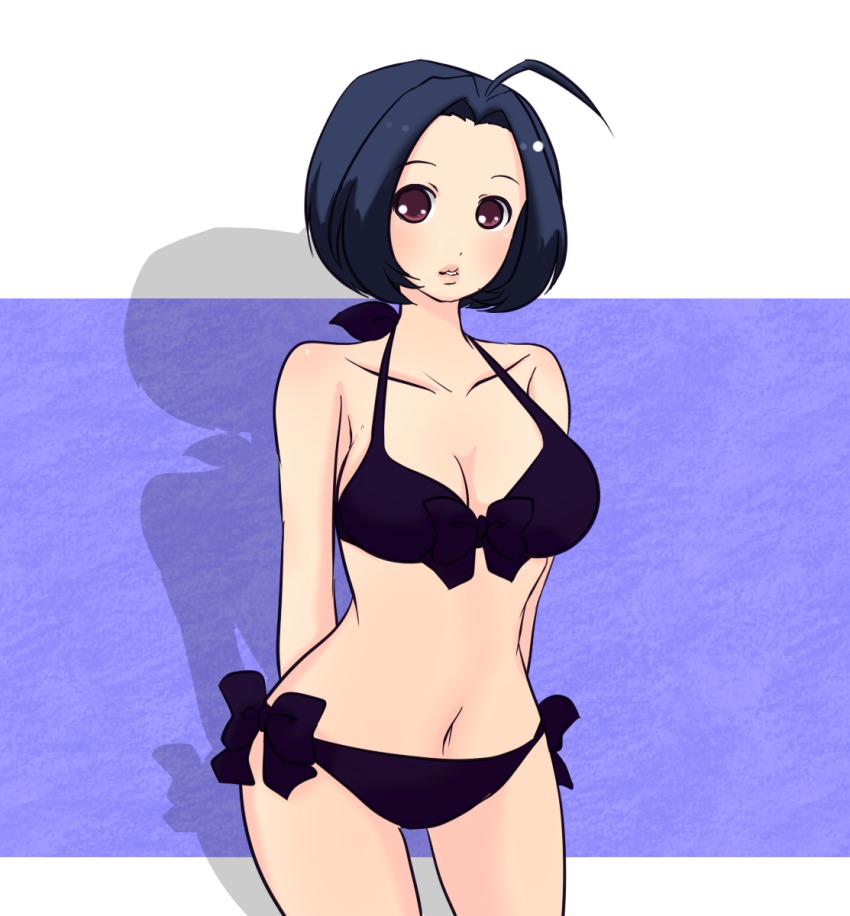 10s, 1girl, ahoge, bikini, black_bikini, blue_hair, breasts, brown_eyes