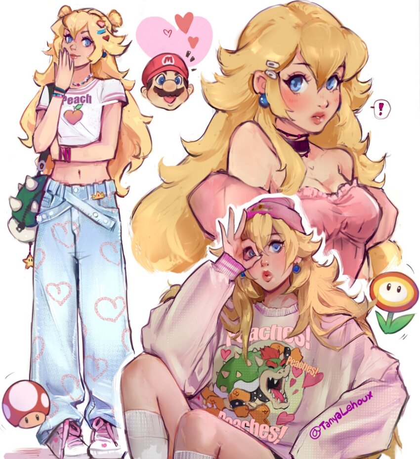 !, 1girl, baggy_clothes, bare_shoulders, beanie, black_choker, blonde_hair, blue_eyes, blush, bowser, bracelet, breasts, choker, crop_top, denim, double_bun, dress, earrings, fire_flower, food_print, fruit_print, full_body, hair_between_eyes, hair_bun, hair_ornament, hairclip, hand_to_own_mouth, hat, highres, jeans, jewelry, long_hair, long_sleeves, mario, mario_(series), medium_breasts, midriff, multiple_views, mushroom, navel, necklace, nintendo, off-shoulder_dress, off_shoulder, pants, peach_print, pink_dress, pink_headwear, pink_sweater, princess_peach, print_shirt, shirt, shoes, short_sleeves, sneakers, socks, speech_bubble, sphere_earrings, spoken_exclamation_mark, super_mushroom, super_star_(mario), sweater, t-shirt, tanya_lehoux, tanyalehoux, the_super_mario_bros._movie, upper_body, white_background, white_shirt, white_socks