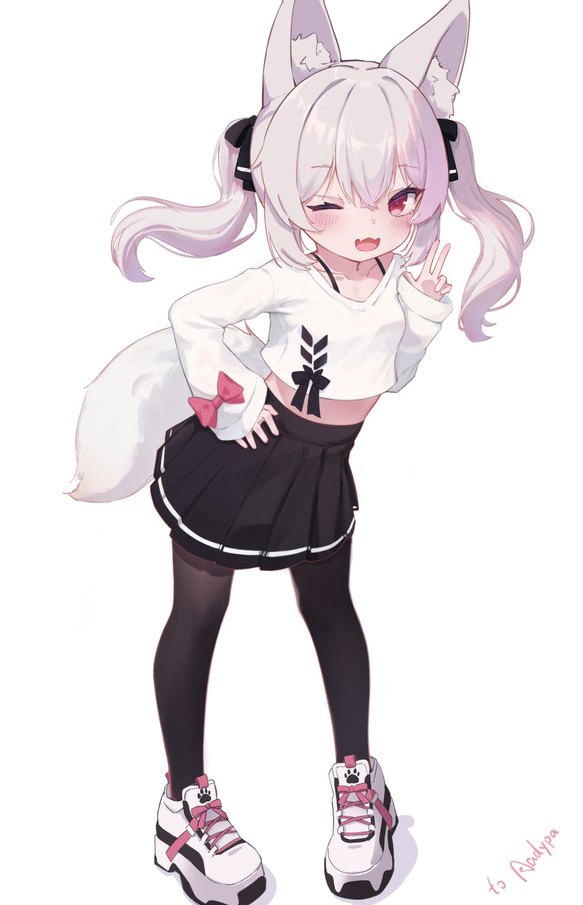 1girl, :3, absurdres, an_jin_yu_jue, animal_ear_fluff, animal_ears, bent_over, black_pantyhose, black_ribbon, black_skirt, blush, bow, collarbone, crop_top, crossed_bangs, fang, fox_ears, fox_girl, fox_tail, hair_between_eyes, hair_ribbon, hand_on_own_hip, hand_up, highres, karin_(vrchat), long_hair, long_sleeves, looking_at_viewer, miniskirt, one_eye_closed, open_mouth, pantyhose, pink_bow, pleated_skirt, purple_hair, red_eyes, ribbon, shirt, shirt_bow, shoes, sidelocks, simple_background, skin_fang, skirt, sleeves_past_wrists, sneakers, solo, spaghetti_strap, standing, tail, twintails, vrchat, white_background, white_shirt, white_shoes