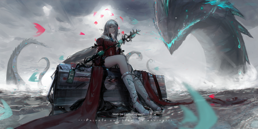 1girl, arknights, blue_gloves, boots, character_name, clothing_cutout, cloud, cloudy_sky, commentary_request, dress, gloves, grey_hair, highres, holding, holding_staff, lemtun, long_hair, looking_at_viewer, navel_cutout, missing_headwear, outdoors, red_dress, red_eyes, sitting, skadi's_seaborn_(arknights), skadi_(arknights), skadi_the_corrupting_heart_(arknights), sky, staff, very_long_hair, white_footwear