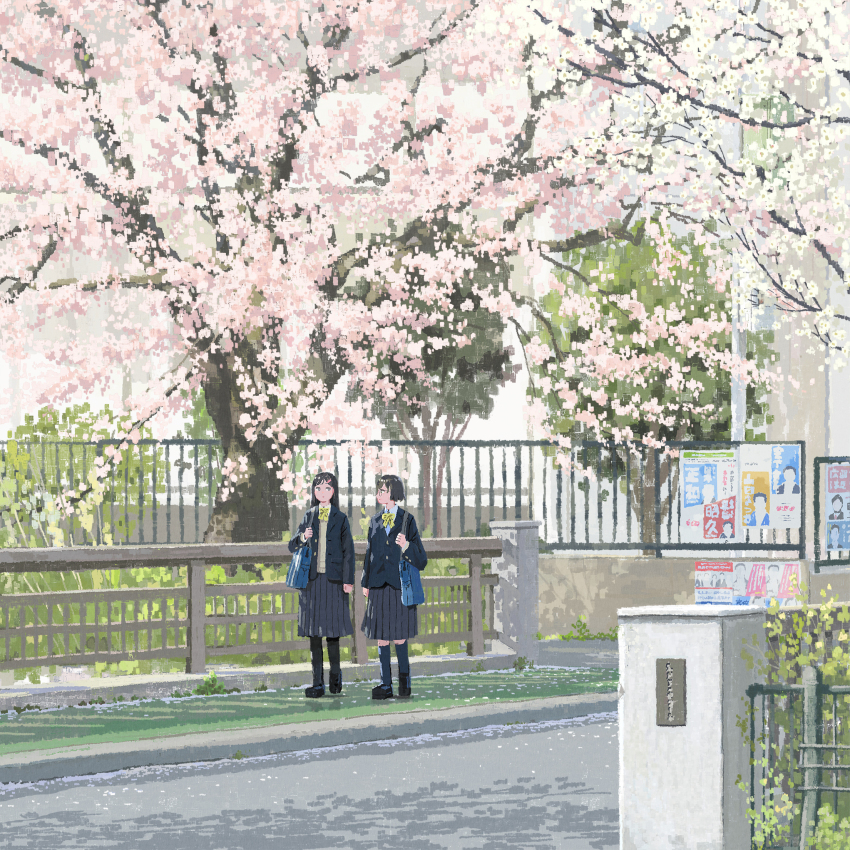2girls, bag, black_hair, black_skirt, blue_jacket, bow, cherry_blossoms, day, hayashi_naoyuki, highres, jacket, kneehighs, long_hair, multiple_girls, original, outdoors, pantyhose, pleated_skirt, road, scenery, school_bag, school_uniform, short_hair, sidewalk, skirt, socks, tree, yellow_bow